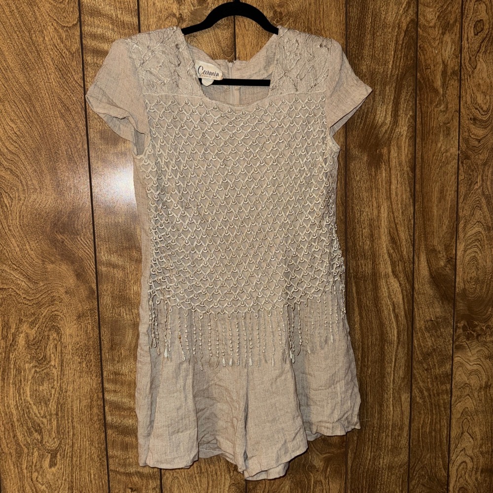 Vintage Carmin by Acquarium USA Linen Blend Crochet Fringe Romper Beige Womens